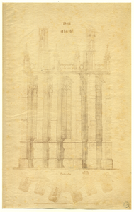 39864 Opstand en plattegrond van het koor van de Domkerk te Utrecht, gerestaureerd door architect F.J. Nieuwenhuis.